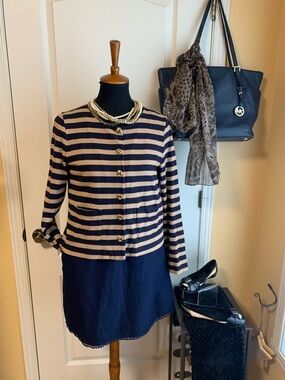 Cardigan sweater  tan /navy gold buttons